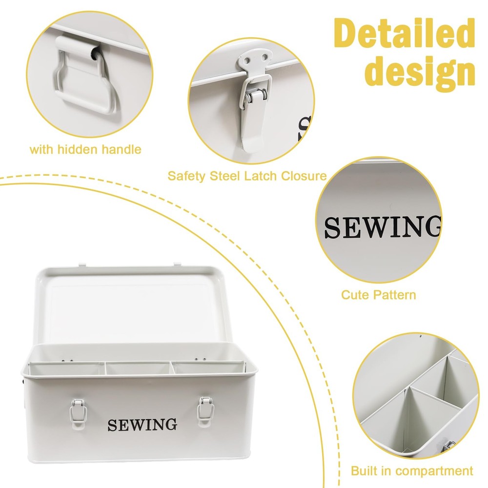 Sewing Organizer Box Metal Storage Case 4 Compartments Thread Scissors Pins