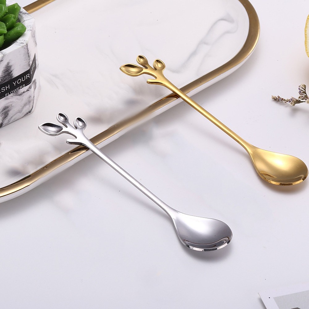 6PC Long Handle Iced Tea Spoons Set Creative Gold Leaf Cocktail Stirring Spoons