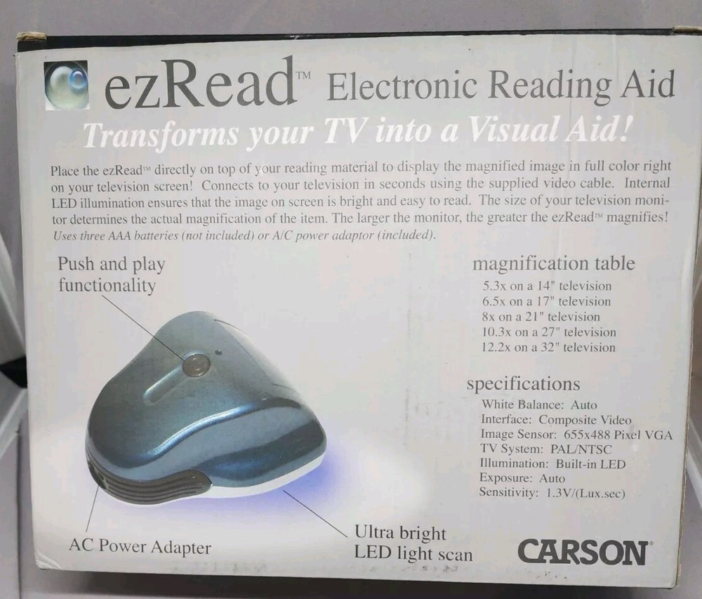 CARSON ezRead Electronic Reading Aid DR-200 Visual TV Magnifier With AC Adapter
