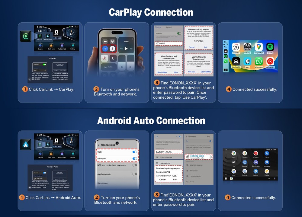 7" IPS Touch Screen Motorcycle Stereo Wireless CarPlay Android Auto Bluetooth 4K