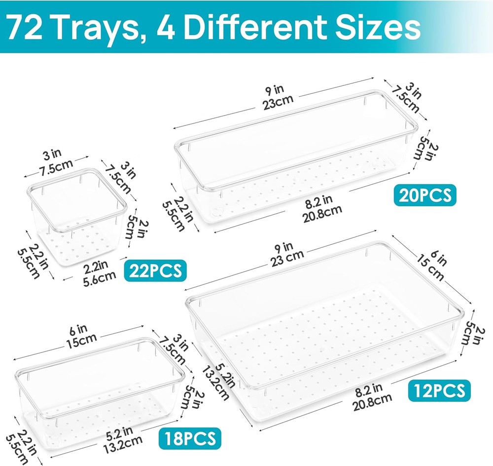 72 PCS Clear Plastic Drawer Organizers Set 4-Size Versatile Bathroom & Vanity