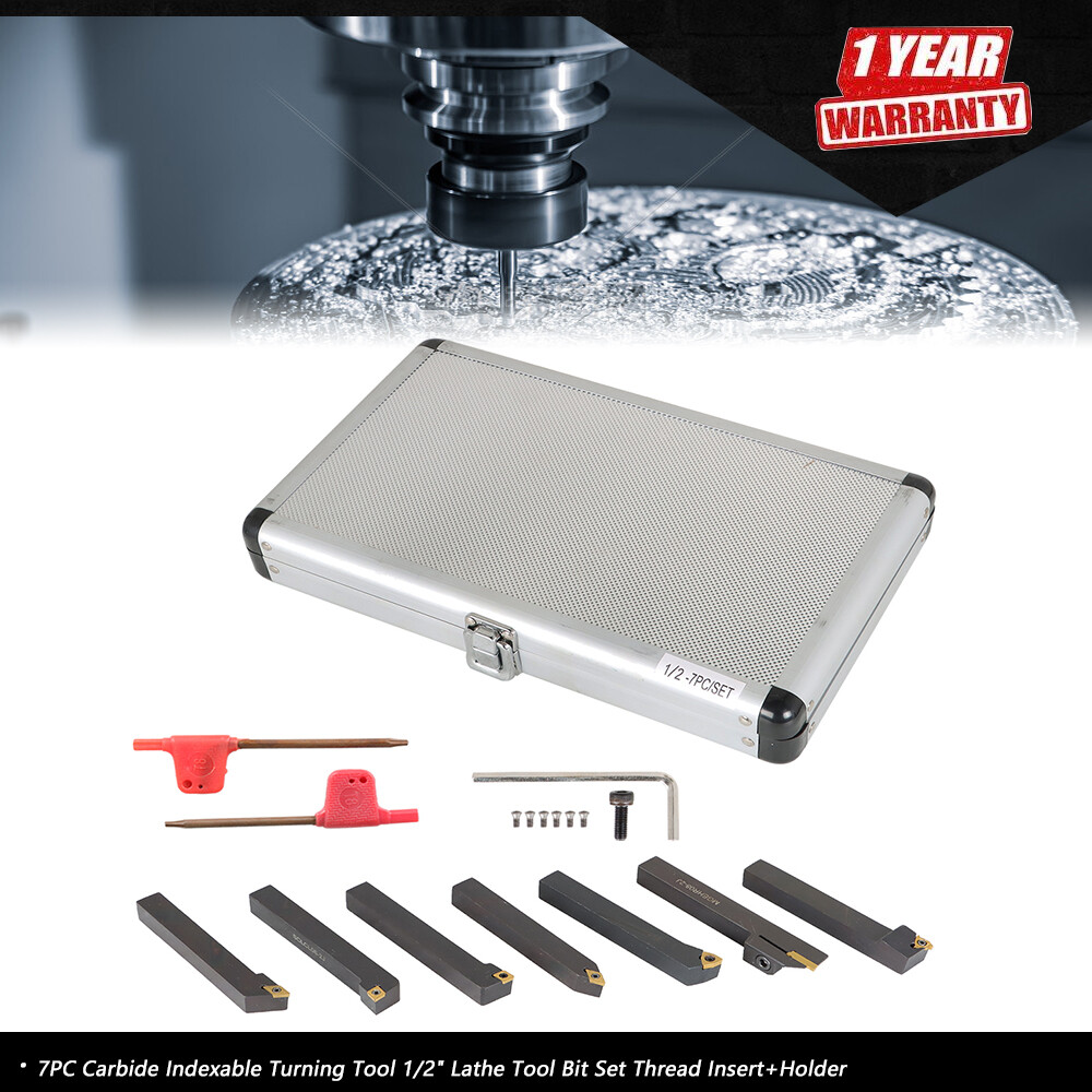 7PC Carbide Indexable Turning Tool 1/2" Lathe Tool Bit Set Thread Insert+Holder