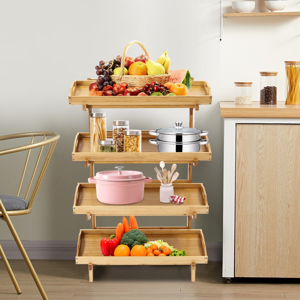 4-Tier Bamboo Storage Rack w/Removable Trays Kitchen Fruit Snack Organizer Shelf