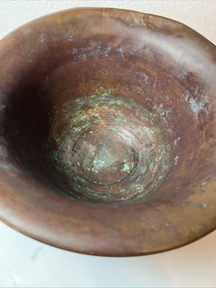 Primitive Copper Mixing Basin Rounded Base Rolled Rim Patina