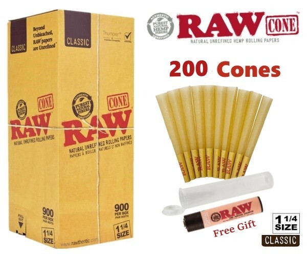 Authentic RAW Classic 1 1/4 Size Pre-Rolled Cone 200 Pack & Free Clipper Lighter