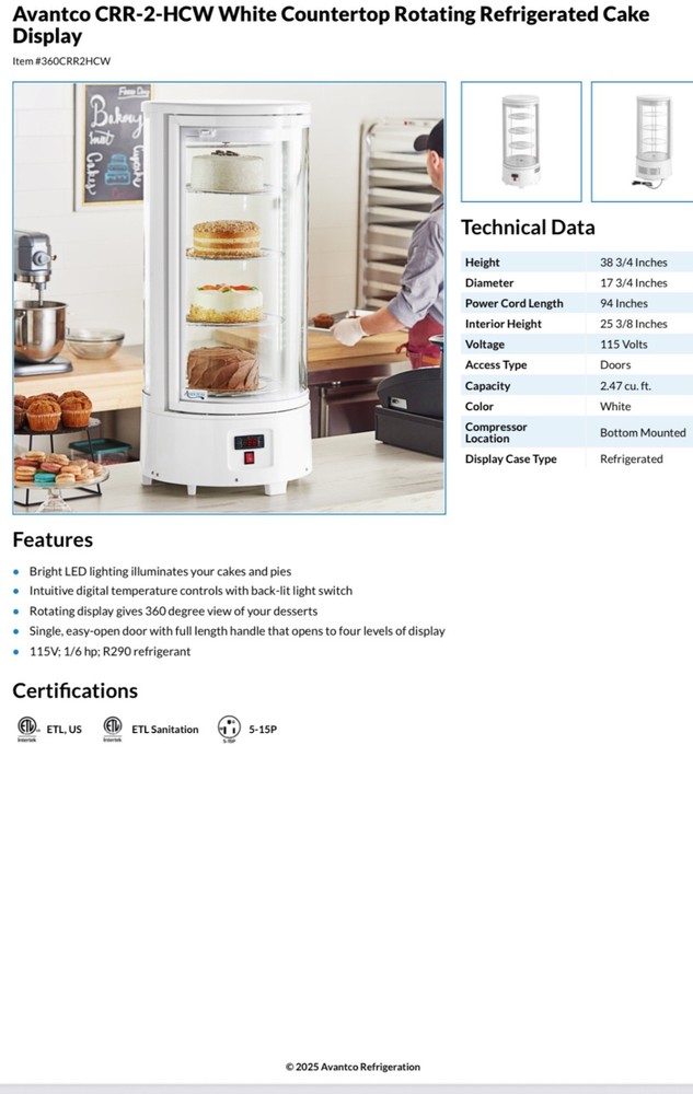 Avantco Rotating Countertop Cake Display Refrigerator