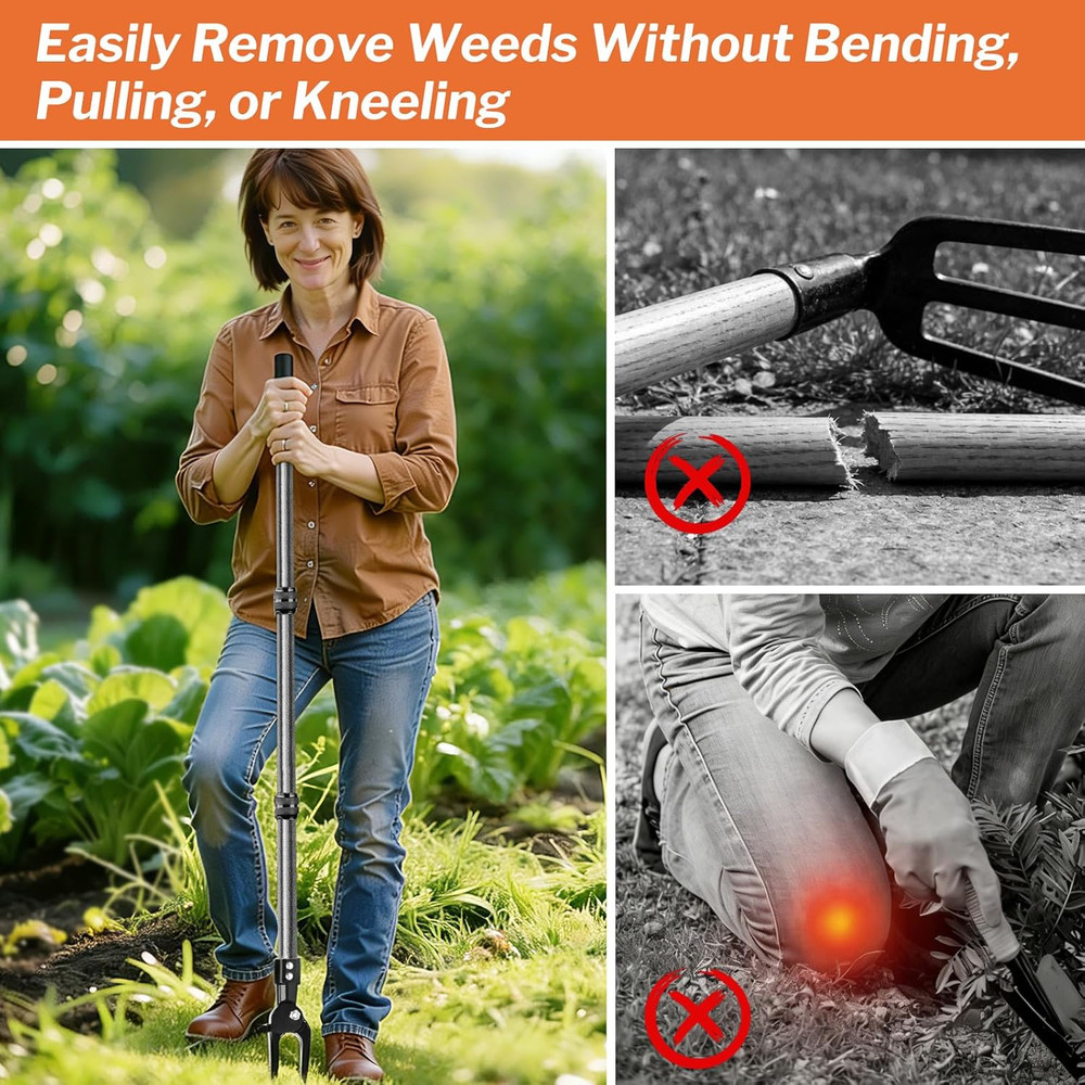 Steel Stand-Up Weed Puller Tool - 45" Long Handle with 4-Claw Head