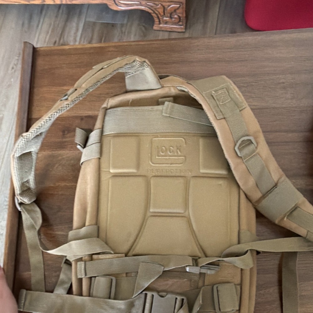 GLOCK Tan Tactical Backpack Canvas Zip Buckle Closure Logo Accent