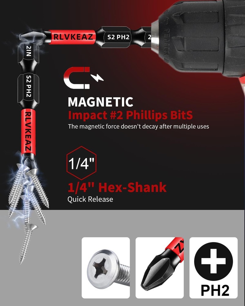 20-PCS Phillips Bits #2 Impact, Magnetic 2'' 20pcs phillips bits #2, Black