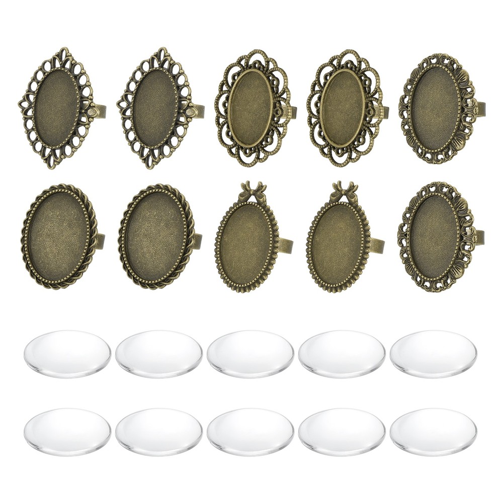 10Pcs Metal Ring Base, 18mm Ring Blank Base with 10Pcs Cabochon(Multicolor)