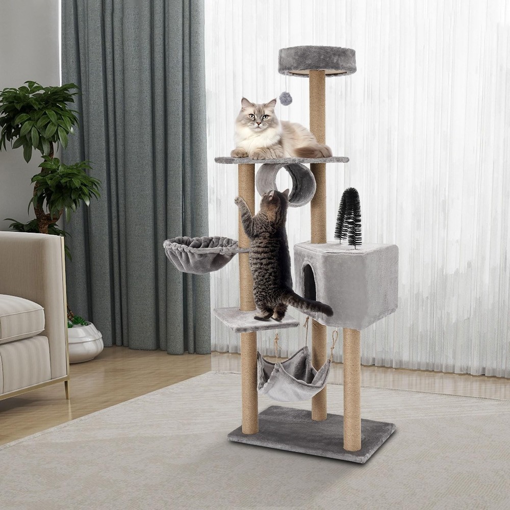 Multi-Level Cat Tower with Scratching Posts Hammock Condo 63" Tall for Cats