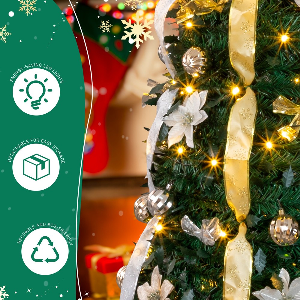 7FT Fully Decorated Pre-lit Christmas Tree, Pop Up Artificial Xmas Tree w/ Light