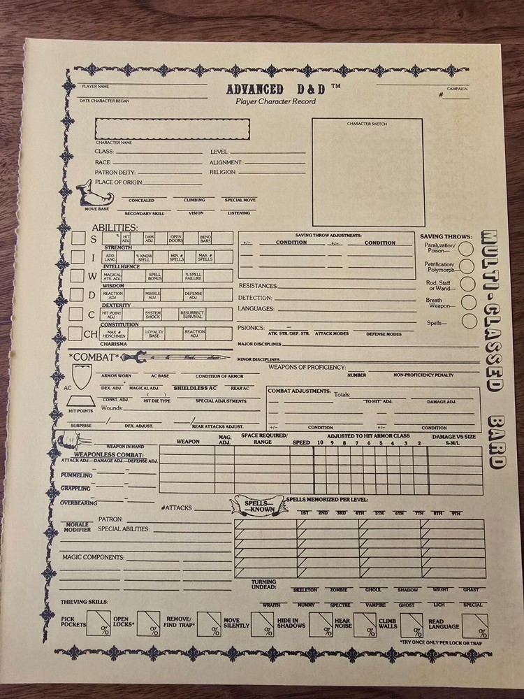 AD&D REF2 Player Character Record Sheet Singles Multi-Class/Bard TSR