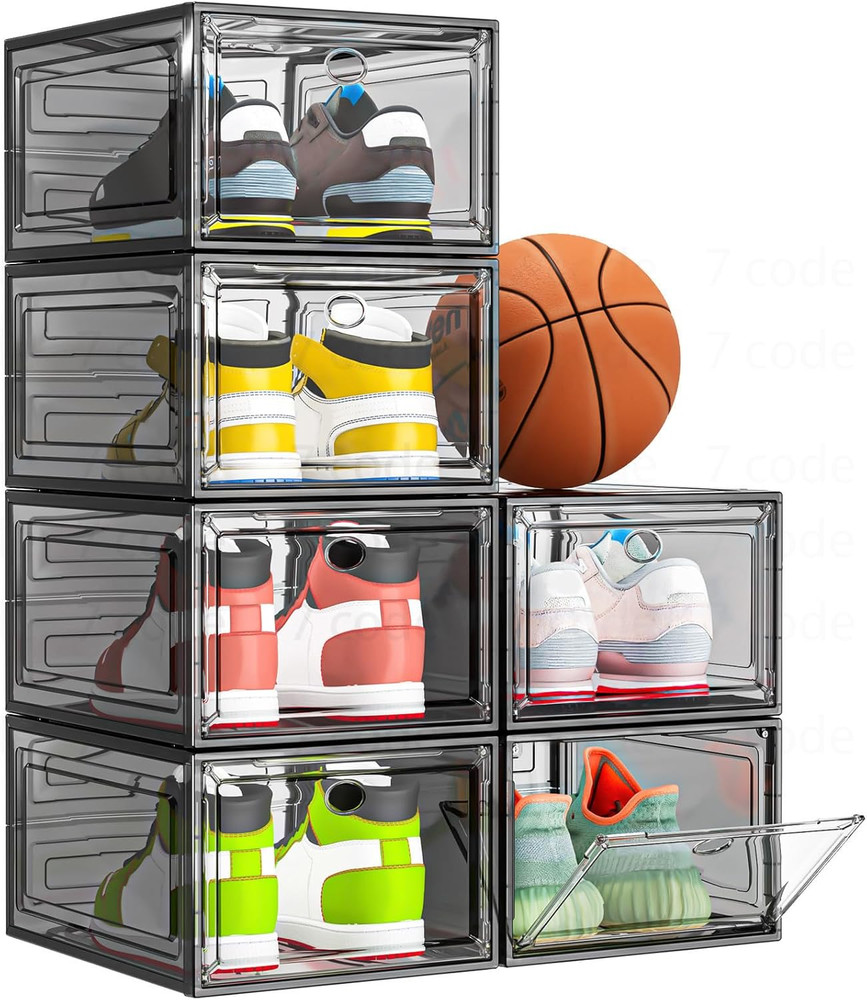 Stackable Clear Shoe Storage Organizer with Magnetic Door, 6 Pack, Black