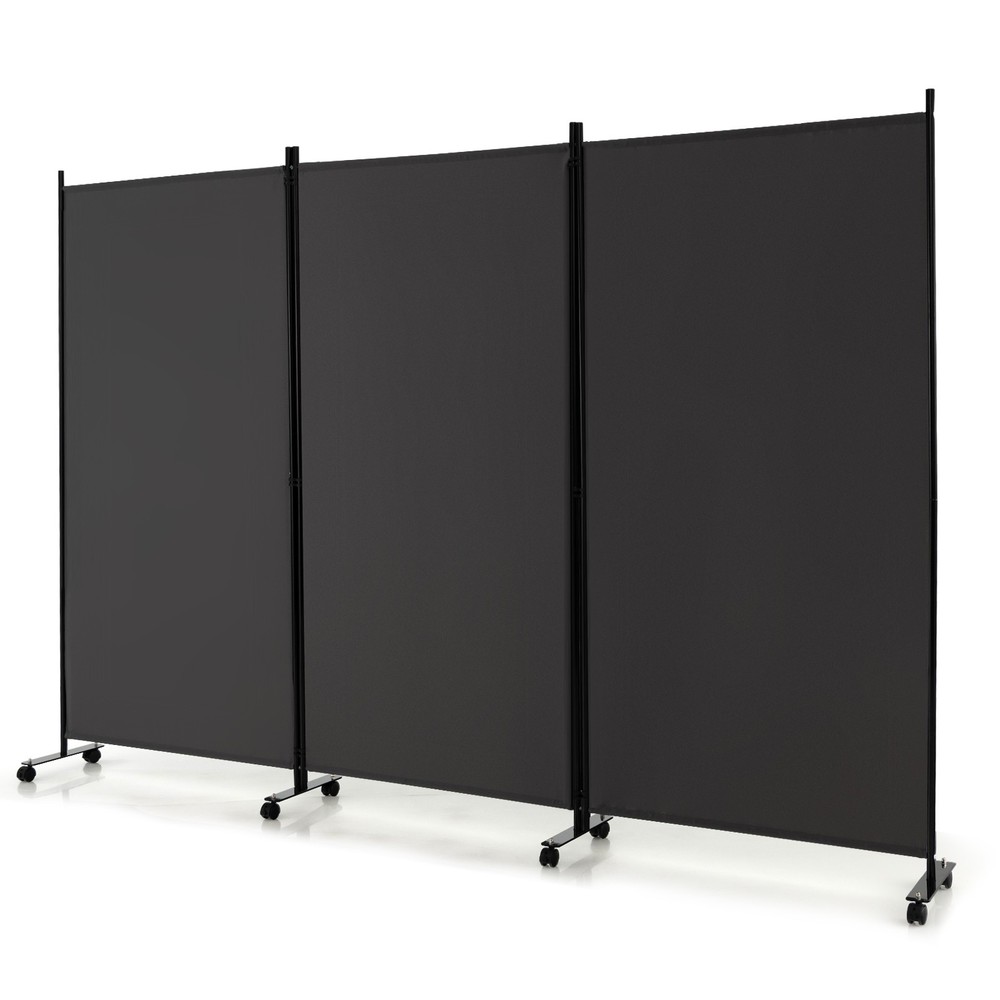3-Panel Folding Room Divider 6' Rolling Privacy Screen w/Lockable Wheels Grey