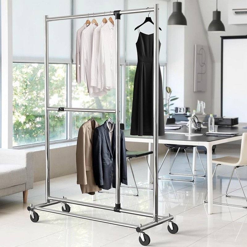 Adjustable Rolling Clothing Rack Heavy Duty Extendable Garment Storage Solution