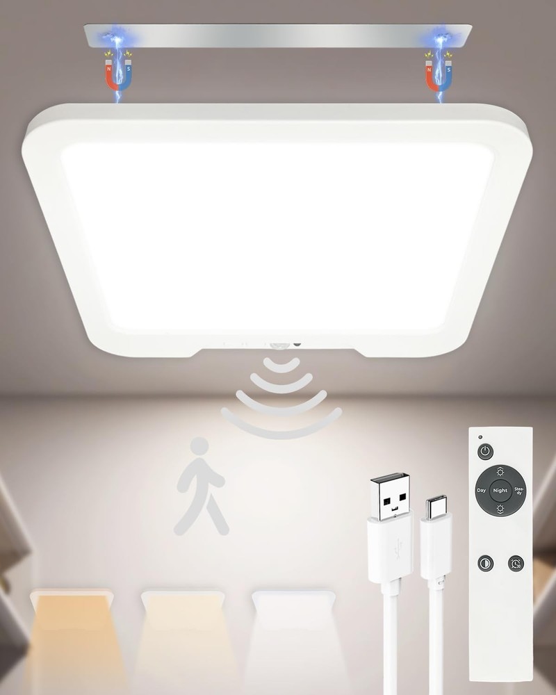 Rechargeable Motion Sensor Ceiling Light with Remote, Dimmable Magnetic Mount...