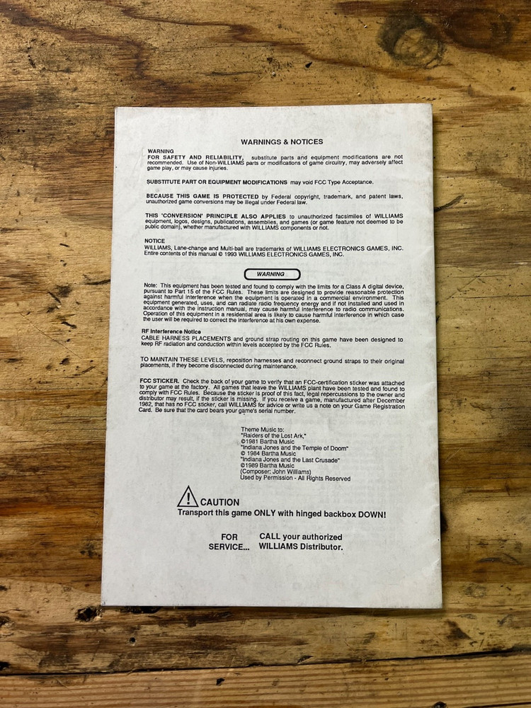Indiana Jones Pinball Operator Handbook
