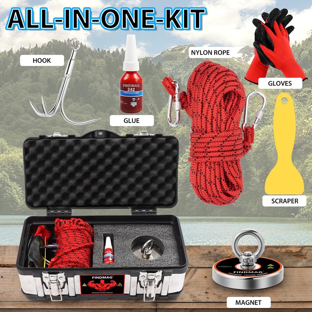 Magnet Fishing Kit, 700 lbs Pulling Force, 2.95" Diameter | Complete Set with