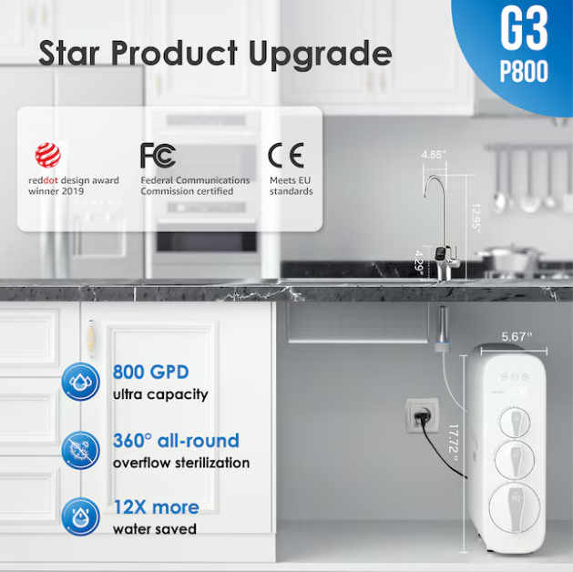 Waterdrop G3P800 10-Stage RO Water Filter System Under Sink w/ LED Faucet