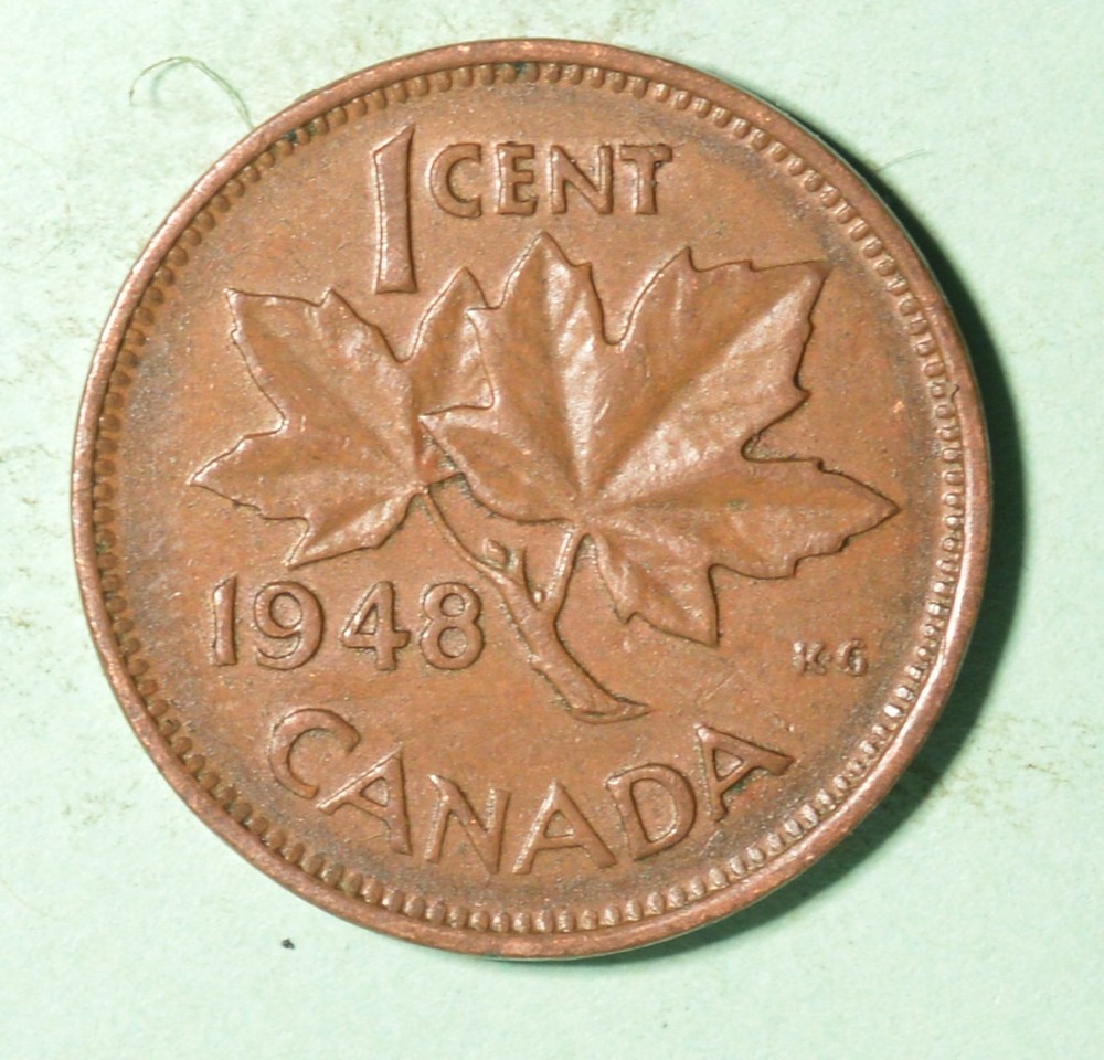1948  1 Cent Canada 🇨🇦 Copper Penny - A BETWEEN DENTICLE - INV# D-596