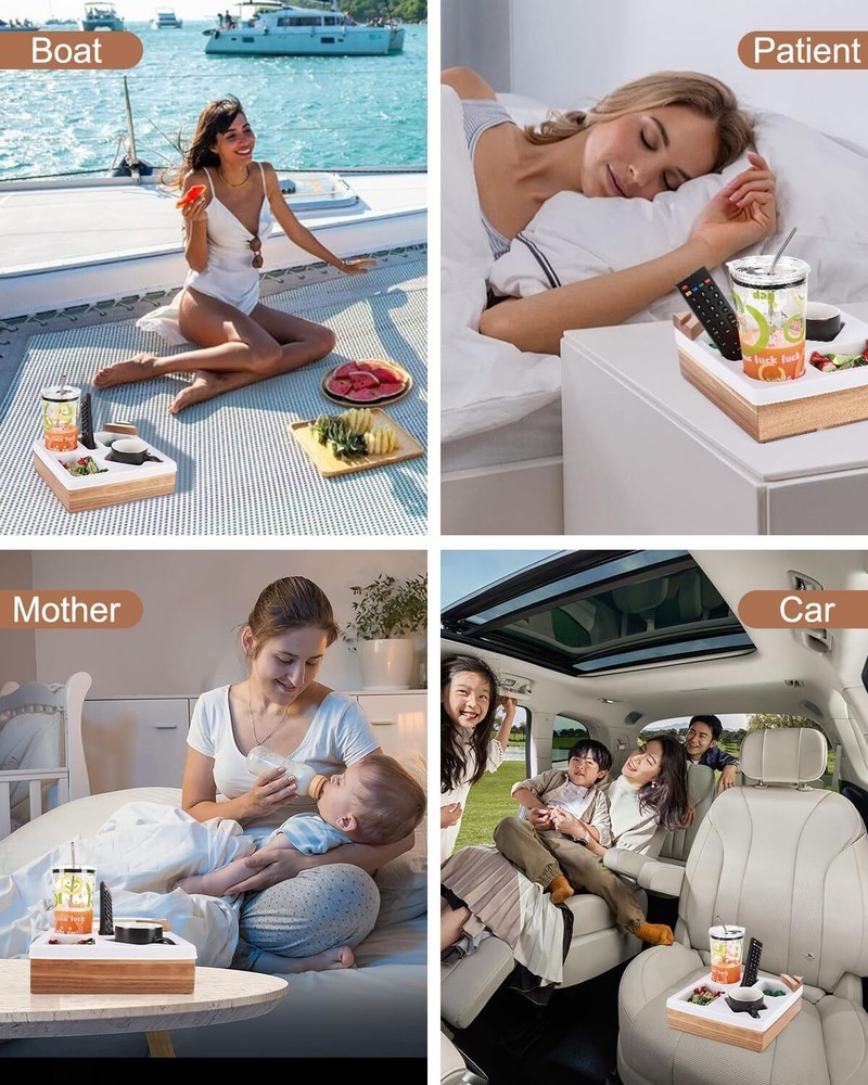 Couch Cup Holder Tray, Silicone Wooden Couch Caddy with Cup Holder (White)