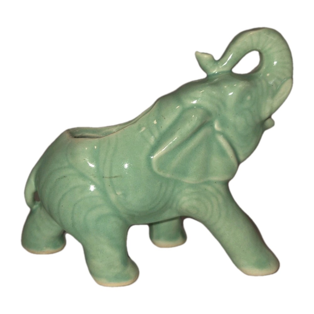 VTG Ceramic Elephant Planter Green Trunk Up Figural Spring Unmarked