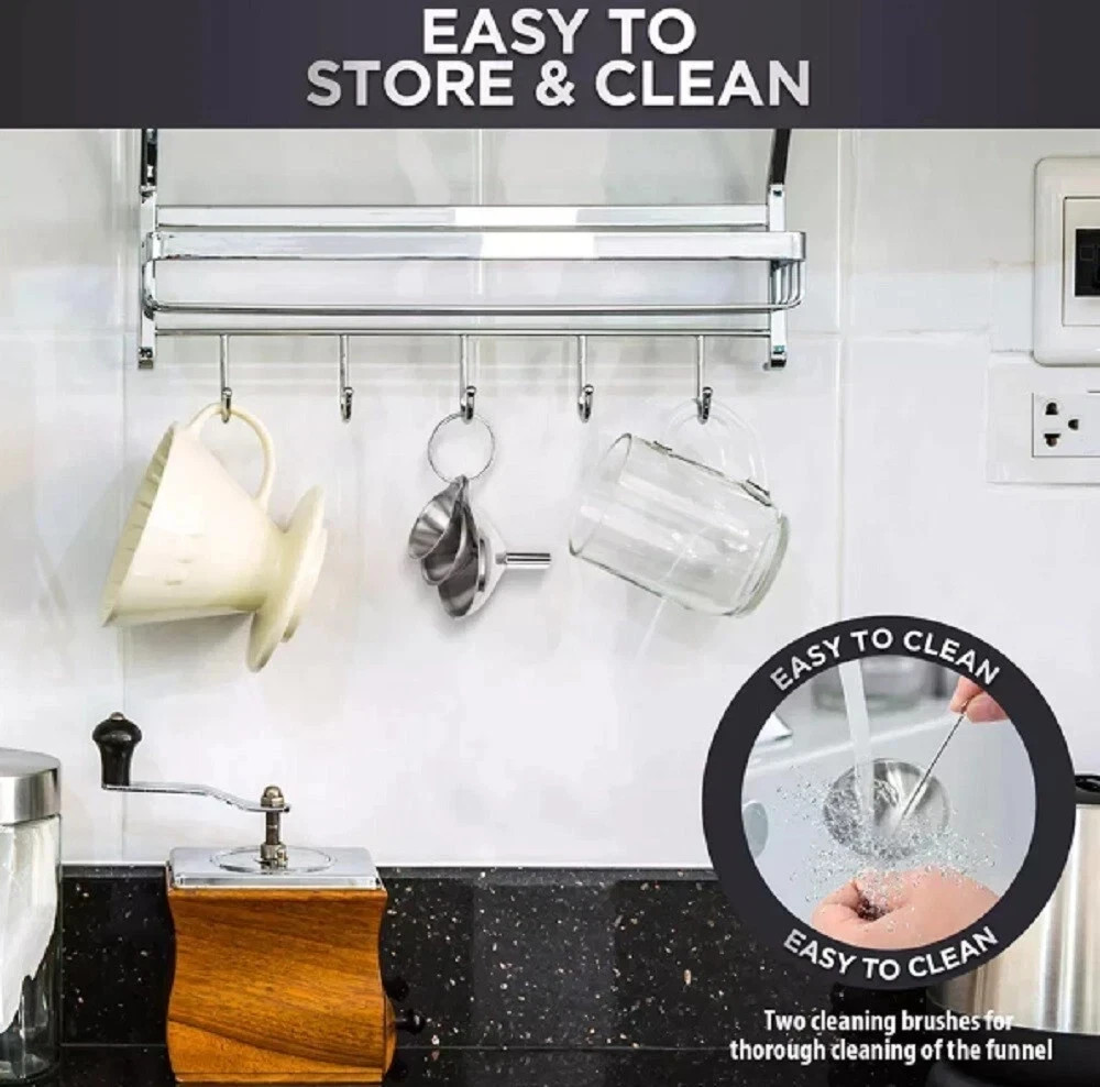 3 Stainless Steel Kitchen Funnel Set with 2 Brushes
