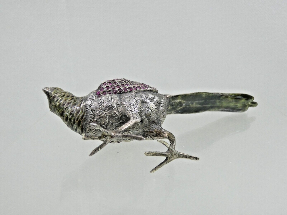 ANTIQUE AUSTRIAN Vienna SILVER ENAMEL MINIATURE BIRD PHEASANT gemset real ruby