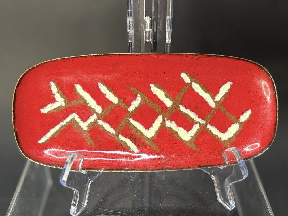 Vintage MCM 8” Enamel on Copper Rectangular Trinket Dish - Abstract Red + White
