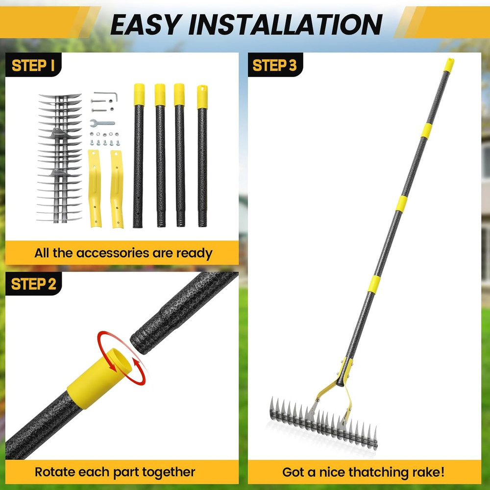 Thatch Rake 5.5FT Heavy Duty Metal Dethatcher Rake with Adjustable Long Handle 1