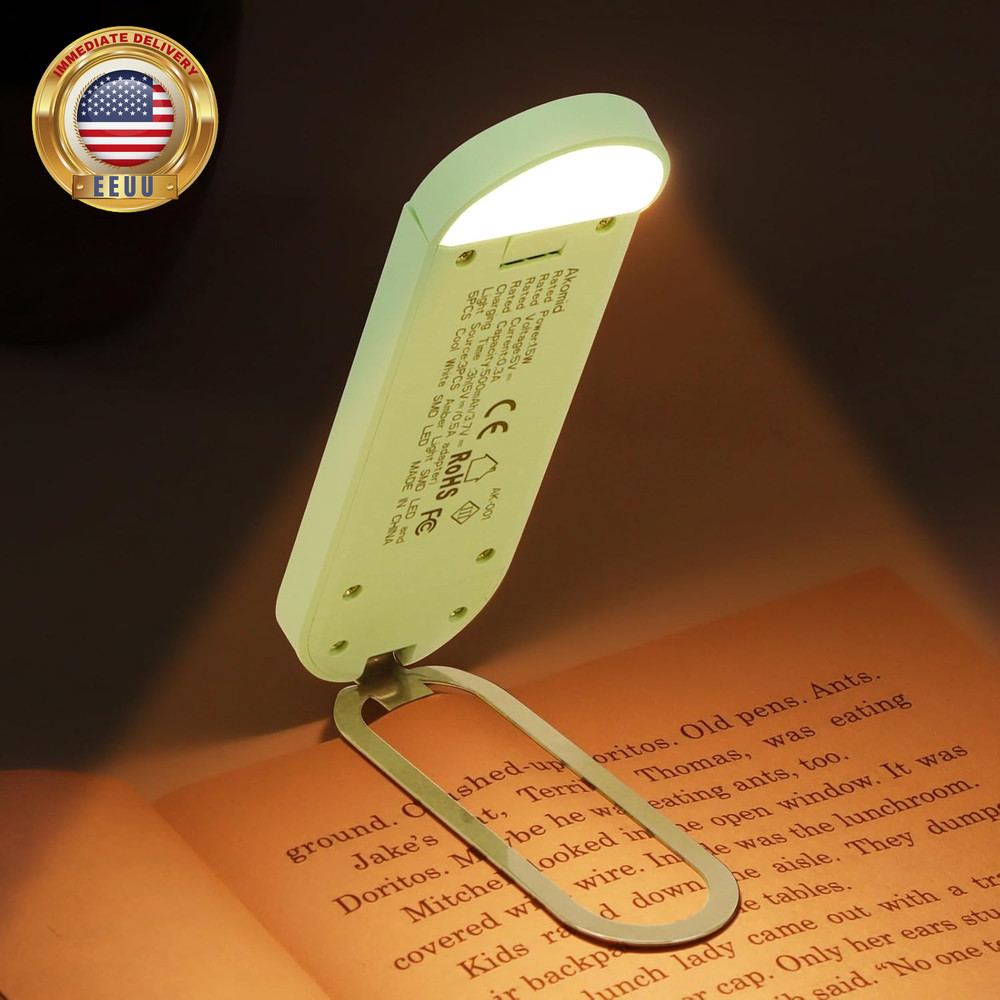 Book Light, USB Rechargeable, Eye-Cared Amber Light, 8 Leds, Green, Modern Style