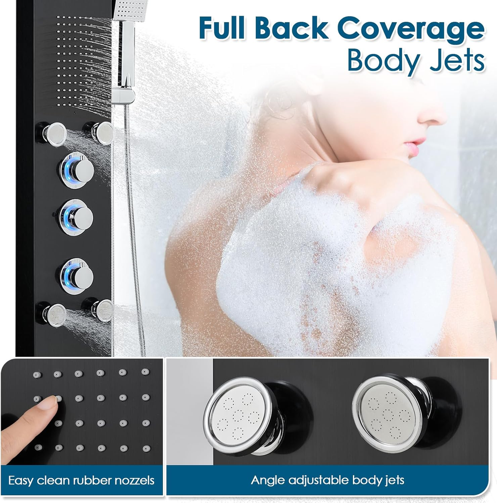 Led Shower Panel Tower System with Mist Rainfall Shower, Body Jets, Handheld and