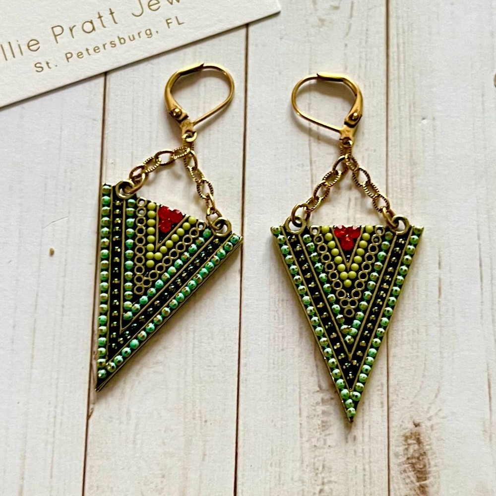 Gold Plated Arrowhead Enameled Boho Statement Earrings