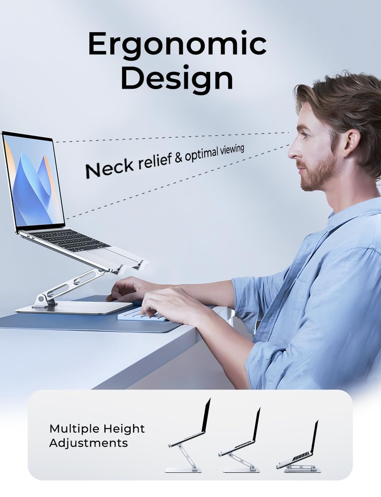 Niweya Adjustable Ergonomic Laptop Stand for Desk, Foldable Computer Silver