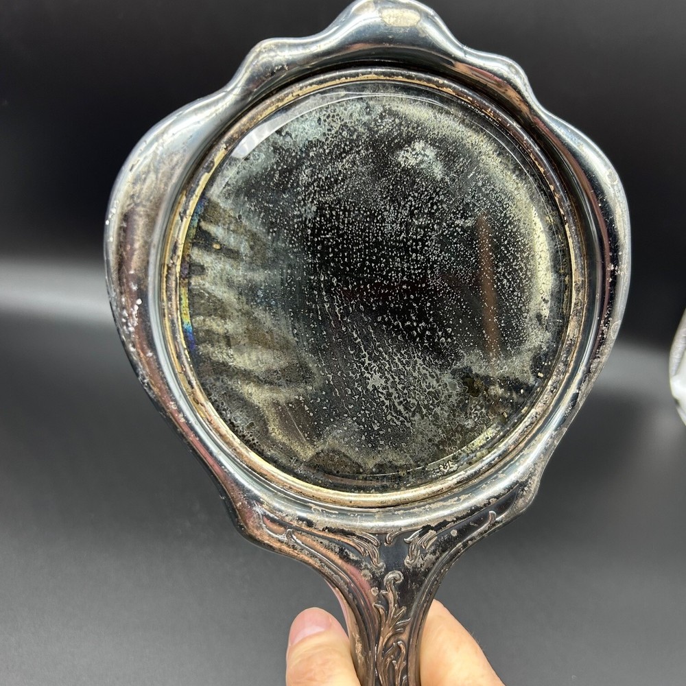 Vintage Silverplated Hand Mirror Intricate Flowered Vine Pattern