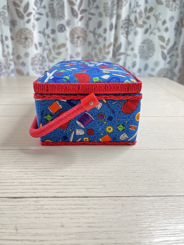 Sewing Basket Fabric Covered Red Trim And Handle