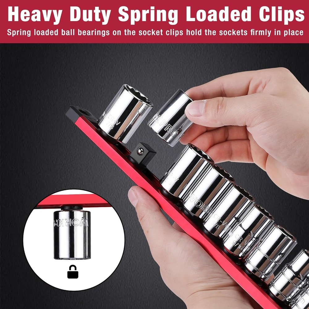 Compact Red Magnetic Socket Organizer - 3/8-Inch Drive with Rotatable Clips