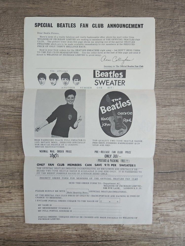 Original 1963 Beatles Sweater Order Form Complete