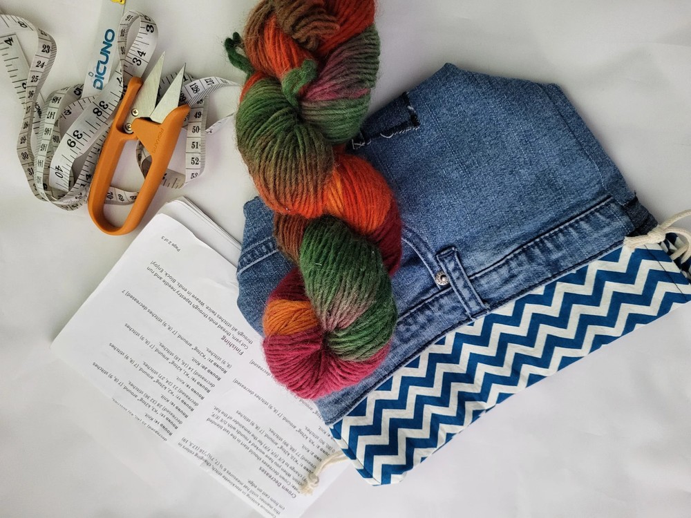 Recycled  Denim drawstring Sock Sack, Drawstring bag, small project bag
