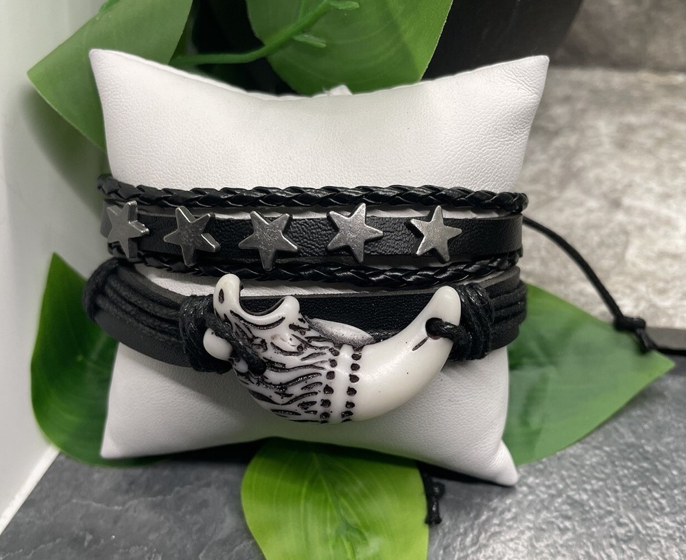 2 PC Leather Bracelet Stackable Adjustable Tie Free Ship Star B3287