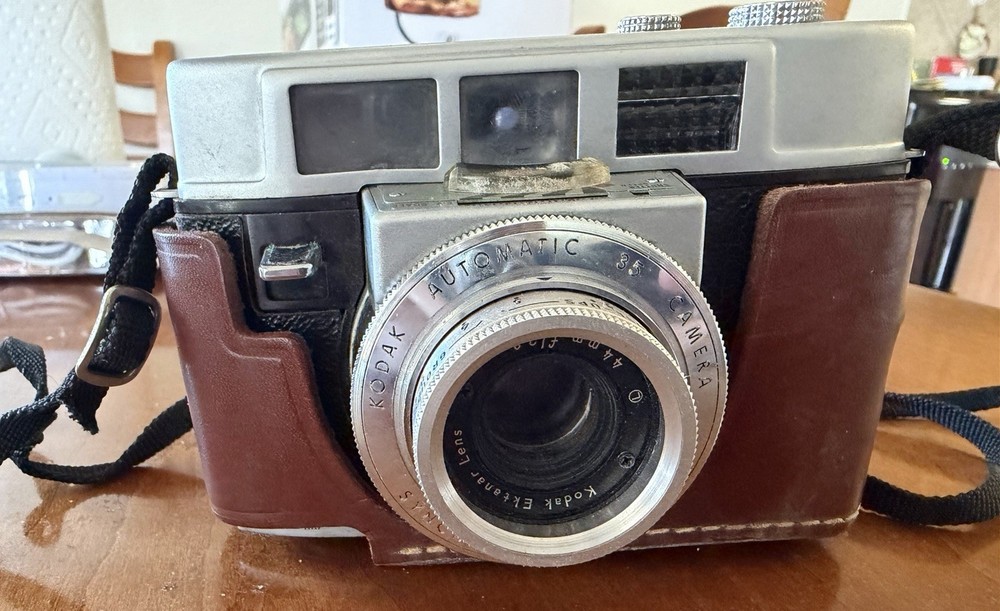 Kodak Automatic 35 Camera Silver Brown Black with Brown Leather Case