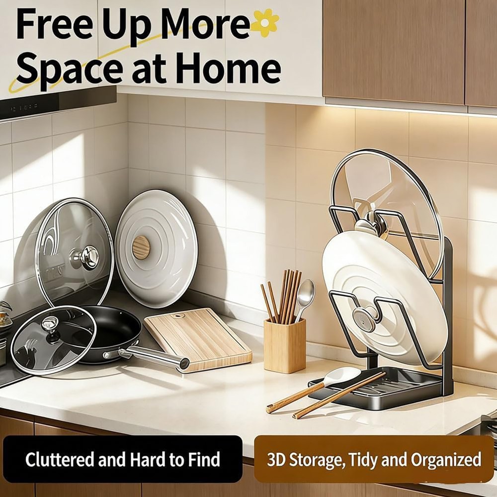 Kitchen Pot Lid Storage Rack Pot Lid Holder While Cooking + Removable Drip Tray