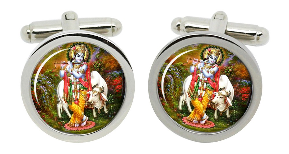 Krishna Hindu Cufflinks in Chrome Box