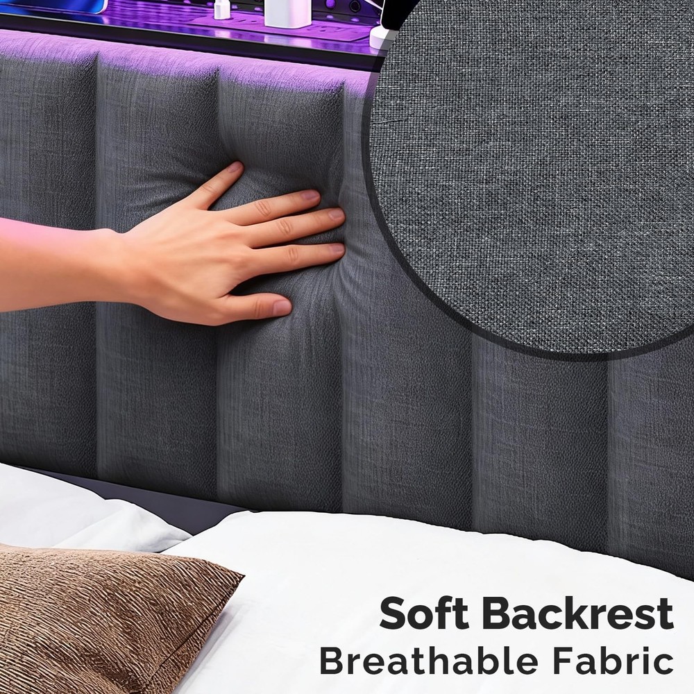 Queen Size Upholstered Headboard with Storage LED Charging Station Dark Grey