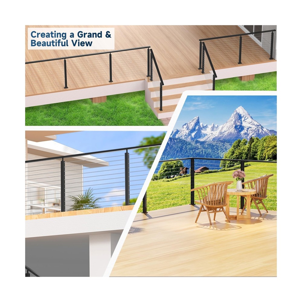 Cable Railing System - 4Pack Adjustable Line Post Kit with 160ft Cable, 10 Te...