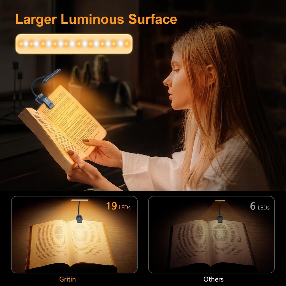 19 LED Rechargeable Book Light Memory Function 3 Color Stepless Dimming Blue Cli