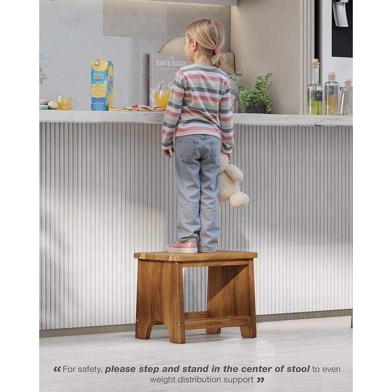 Acacia Wood Step Stool Sturdy Construction Non-Slip Handle Multipurpose Use