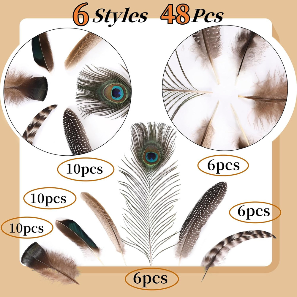 48Pcs Natural Feathers Bulk - 6 Styles Assorted Peacock, Pheasant, Turkey Feathe