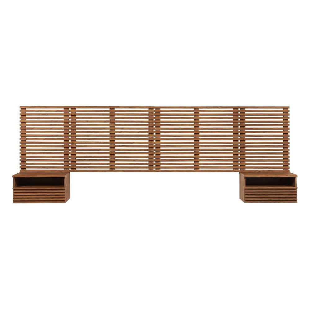 Modway Render Wall Mount King Headboard and Modern Nightstands in Walnut